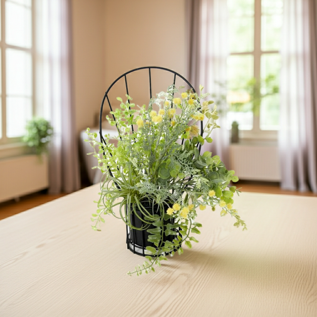 【造花 アーティフィシャルフラワー・割れない花器のナチュラルインテリアグリーンアレンジ】ミモザ＆ユーカリのアレンジ