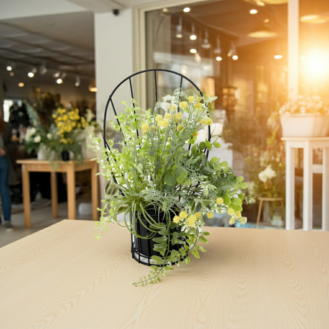 【造花 アーティフィシャルフラワー・割れない花器のナチュラルインテリアグリーンアレンジ】ミモザ＆ユーカリのアレンジ