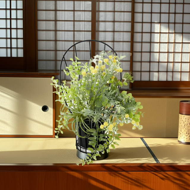 【造花 アーティフィシャルフラワー・割れない花器のナチュラルインテリアグリーンアレンジ】ミモザ＆ユーカリのアレンジ