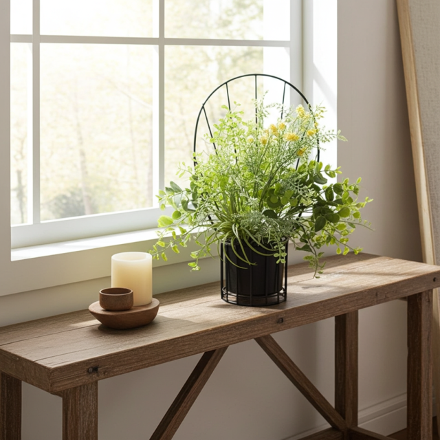 【造花 アーティフィシャルフラワー・割れない花器のナチュラルインテリアグリーンアレンジ】ミモザ＆ユーカリのアレンジ