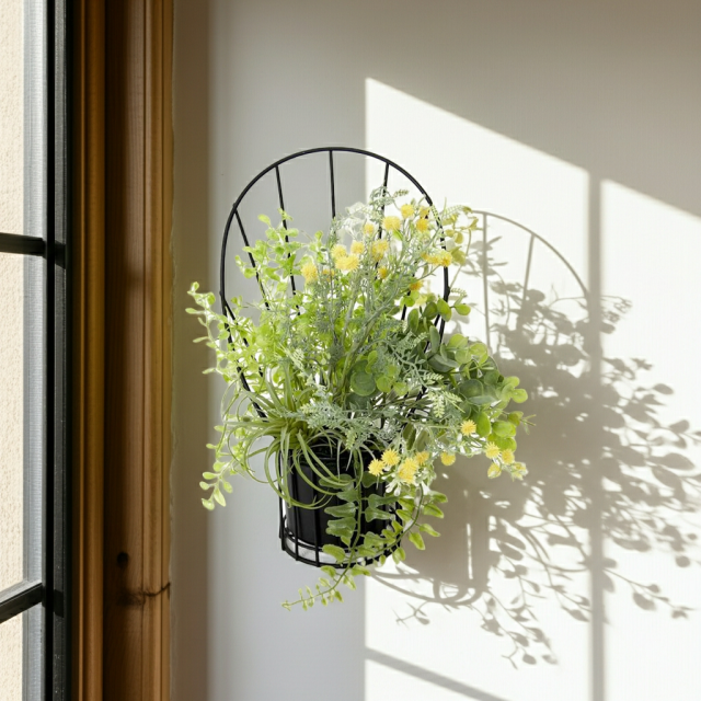 【造花 アーティフィシャルフラワー・割れない花器のナチュラルインテリアグリーンアレンジ】ミモザ＆ユーカリのアレンジ