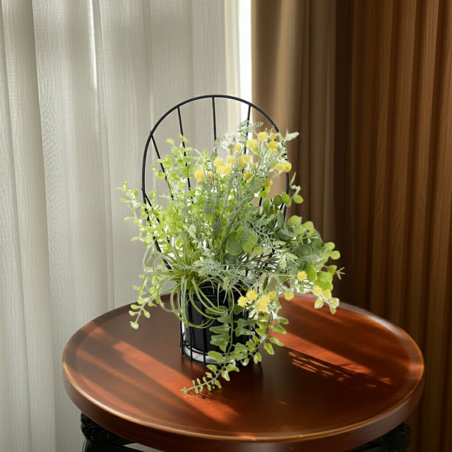 【造花 アーティフィシャルフラワー・割れない花器のナチュラルインテリアグリーンアレンジ】ミモザ＆ユーカリのアレンジ
