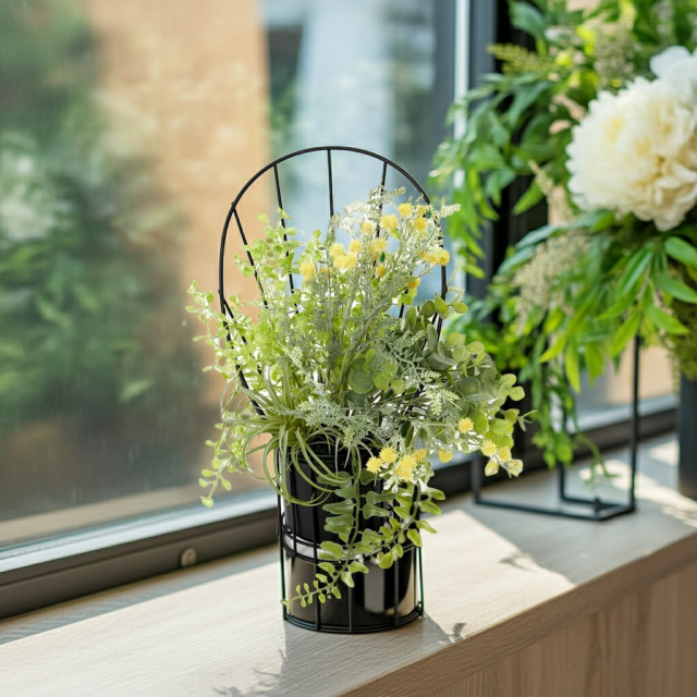 【造花 アーティフィシャルフラワー・割れない花器のナチュラルインテリアグリーンアレンジ】ミモザ＆ユーカリのアレンジ