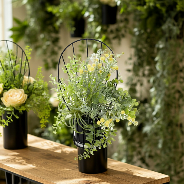 【造花 アーティフィシャルフラワー・割れない花器のナチュラルインテリアグリーンアレンジ】ミモザ＆ユーカリのアレンジ