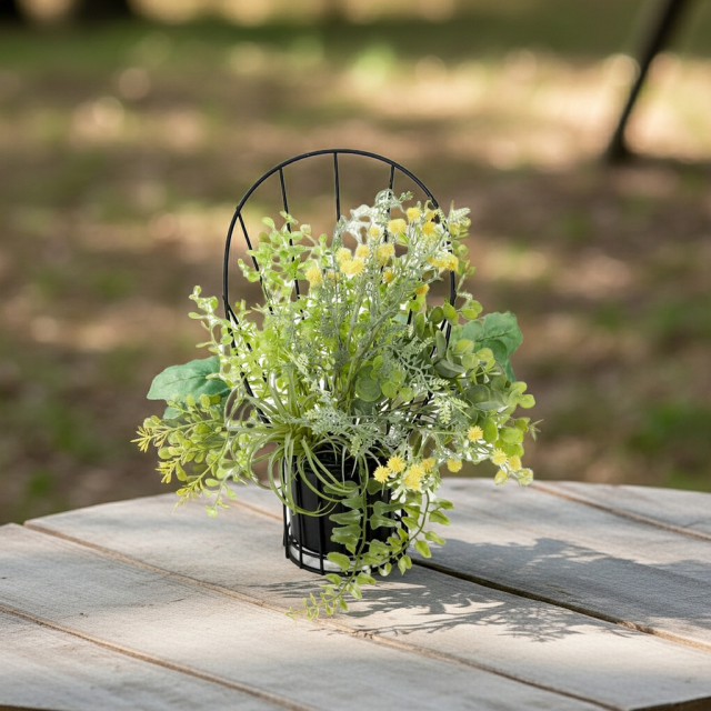 【造花 アーティフィシャルフラワー・割れない花器のナチュラルインテリアグリーンアレンジ】ミモザ＆ユーカリのアレンジ