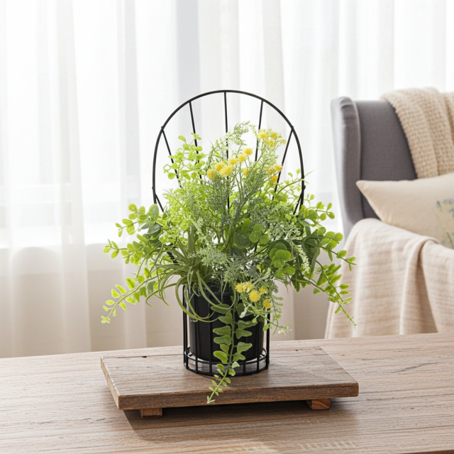 【造花 アーティフィシャルフラワー・割れない花器のナチュラルインテリアグリーンアレンジ】ミモザ＆ユーカリのアレンジ