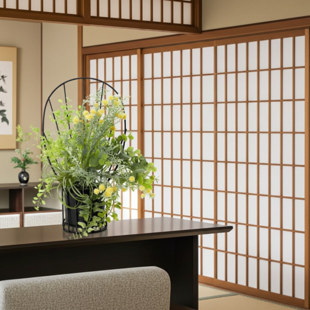 【造花 アーティフィシャルフラワー・割れない花器のナチュラルインテリアグリーンアレンジ】ミモザ＆ユーカリのアレンジ