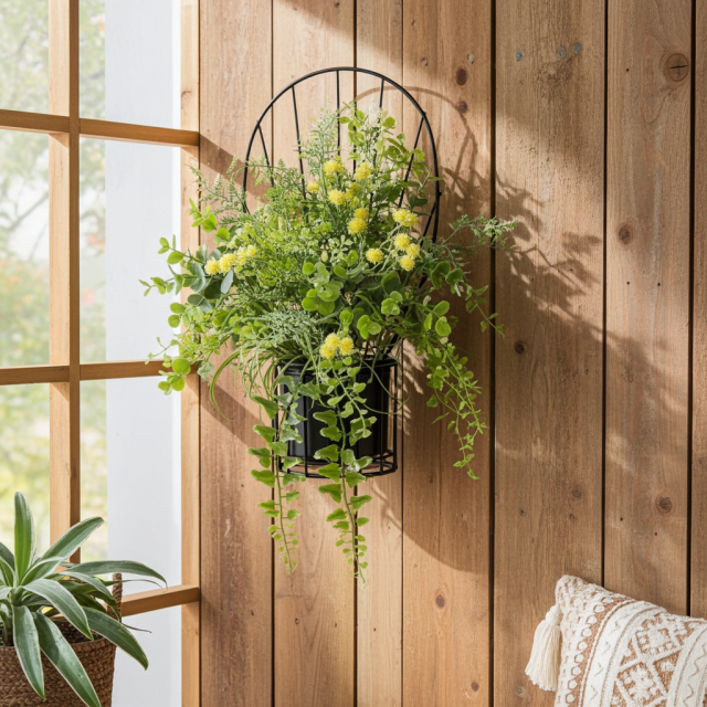 【造花 アーティフィシャルフラワー・割れない花器のナチュラルインテリアグリーンアレンジ】ミモザ＆ユーカリのアレンジ