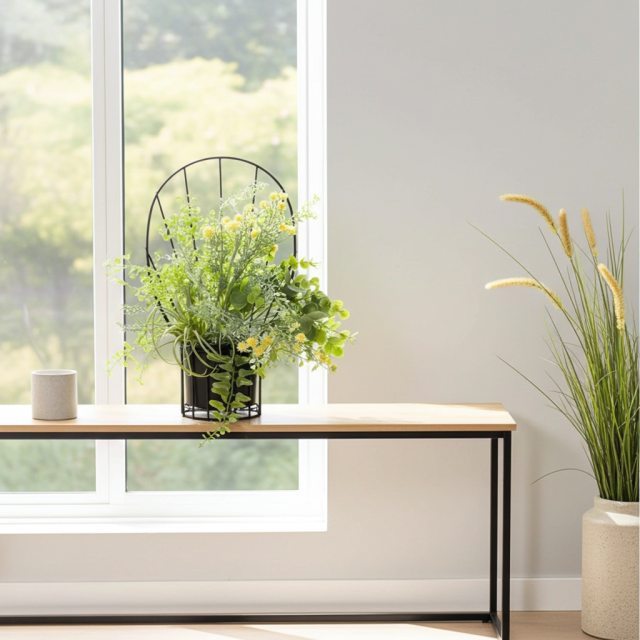 【造花 アーティフィシャルフラワー・割れない花器のナチュラルインテリアグリーンアレンジ】ミモザ＆ユーカリのアレンジ