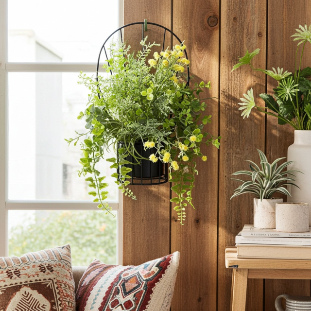 【造花 アーティフィシャルフラワー・割れない花器のナチュラルインテリアグリーンアレンジ】ミモザ＆ユーカリのアレンジ