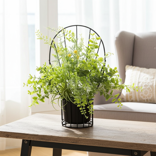 【造花 アーティフィシャルフラワー・割れない花器のナチュラルインテリアグリーンアレンジ】ミモザ＆ユーカリのアレンジ