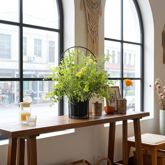 【造花 アーティフィシャルフラワー・割れない花器のナチュラルインテリアグリーンアレンジ】ミモザ＆ユーカリのアレンジ