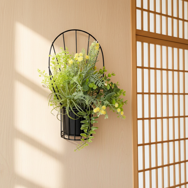 【造花 アーティフィシャルフラワー・割れない花器のナチュラルインテリアグリーンアレンジ】ミモザ＆ユーカリのアレンジ