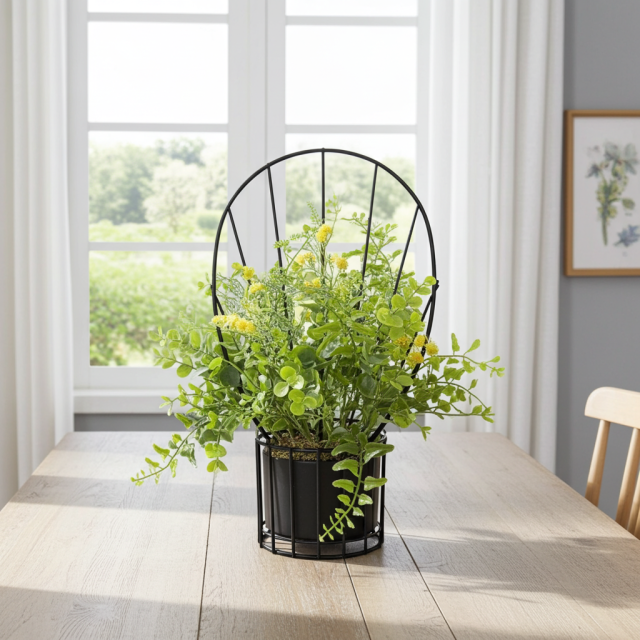 【造花 アーティフィシャルフラワー・割れない花器のナチュラルインテリアグリーンアレンジ】ミモザ＆ユーカリのアレンジ