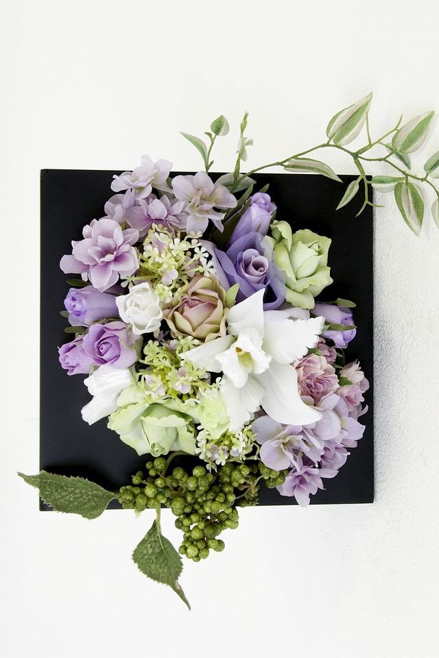 【アーティフィシャル壁掛・造花インテリアフラワー】スクエアフレームアレンジ・シエラ−紫恵蘭