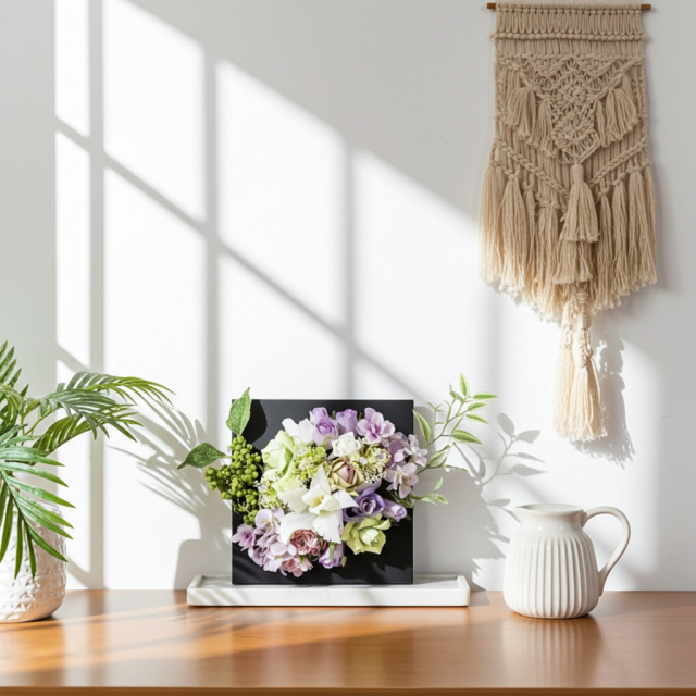 【アーティフィシャル壁掛・造花インテリアフラワー】スクエアフレームアレンジ・シエラ−紫恵蘭