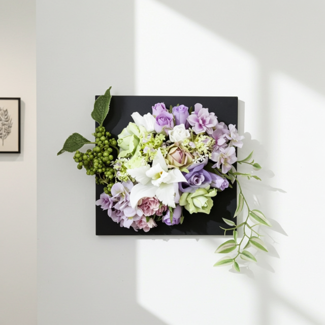 【アーティフィシャル壁掛・造花インテリアフラワー】スクエアフレームアレンジ・シエラ−紫恵蘭