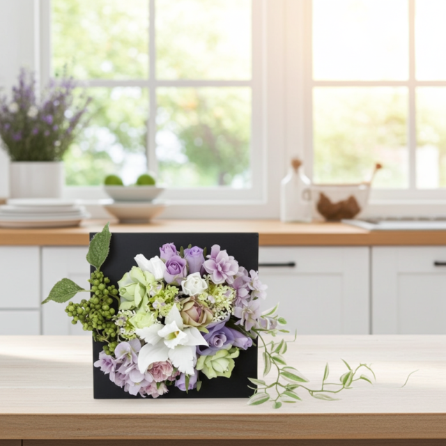 【アーティフィシャル壁掛・造花インテリアフラワー】スクエアフレームアレンジ・シエラ−紫恵蘭