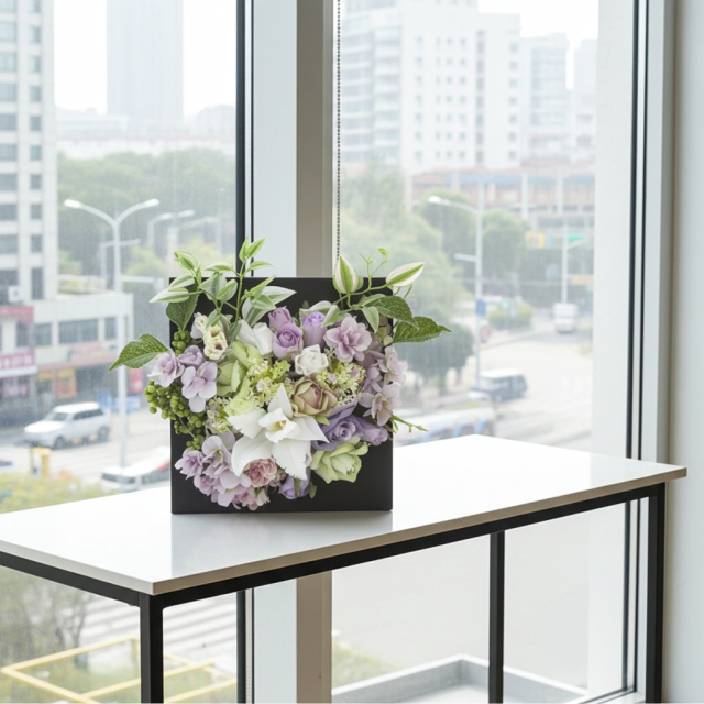 【アーティフィシャル壁掛・造花インテリアフラワー】スクエアフレームアレンジ・シエラ−紫恵蘭