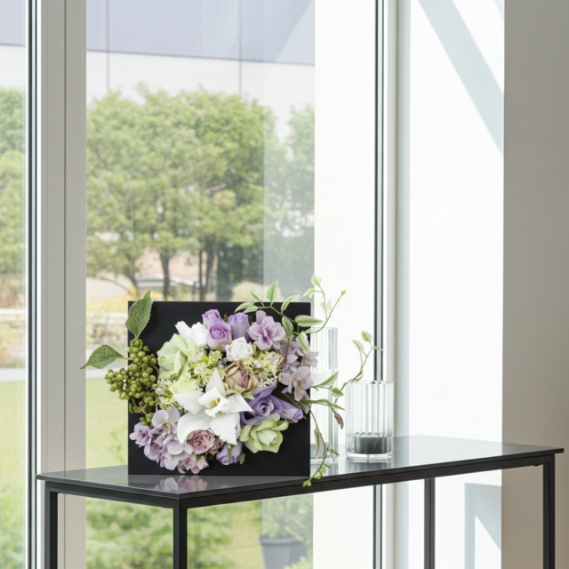 【アーティフィシャル壁掛・造花インテリアフラワー】スクエアフレームアレンジ・シエラ−紫恵蘭