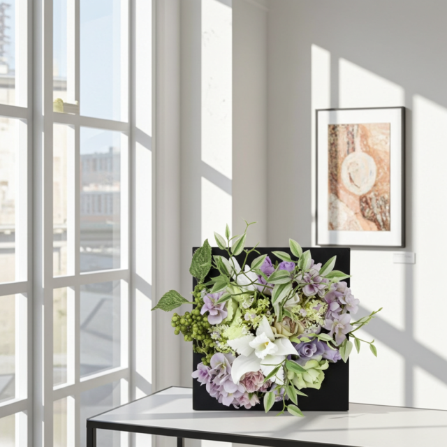 【アーティフィシャル壁掛・造花インテリアフラワー】スクエアフレームアレンジ・シエラ−紫恵蘭