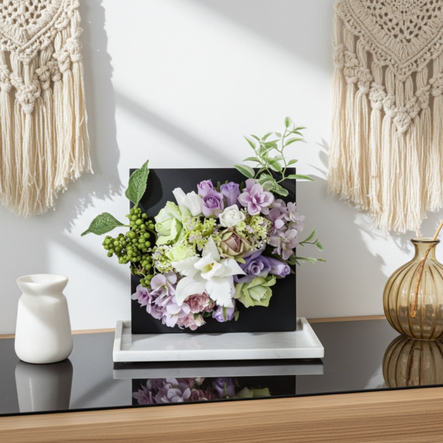 【アーティフィシャル壁掛・造花インテリアフラワー】スクエアフレームアレンジ・シエラ−紫恵蘭