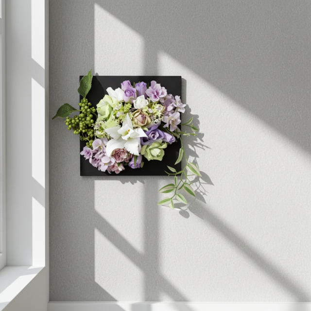 【アーティフィシャル壁掛・造花インテリアフラワー】スクエアフレームアレンジ・シエラ−紫恵蘭