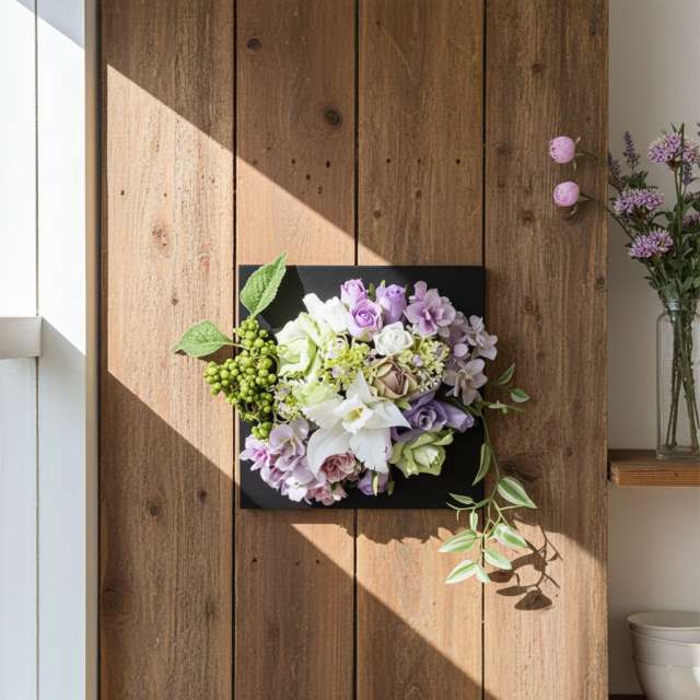 【アーティフィシャル壁掛・造花インテリアフラワー】スクエアフレームアレンジ・シエラ−紫恵蘭