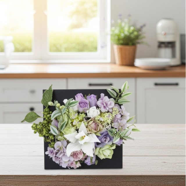 【アーティフィシャル壁掛・造花インテリアフラワー】スクエアフレームアレンジ・シエラ−紫恵蘭
