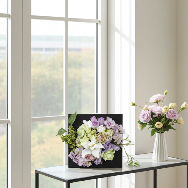 【アーティフィシャル壁掛・造花インテリアフラワー】スクエアフレームアレンジ・シエラ−紫恵蘭