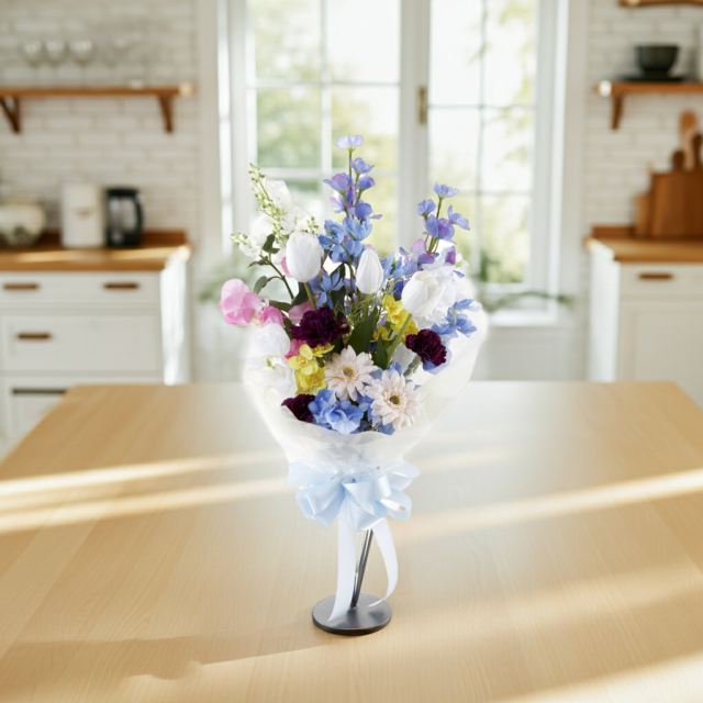【贈答・贈呈用花束・造花花束・花束ギフト】スイートピーとチューリップのアーティフィシャルフラワーブーケ/ブルーミックス