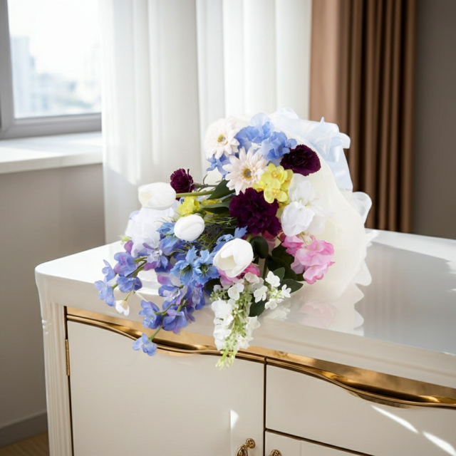 【贈答・贈呈用花束・造花花束・花束ギフト】スイートピーとチューリップのアーティフィシャルフラワーブーケ/ブルーミックス