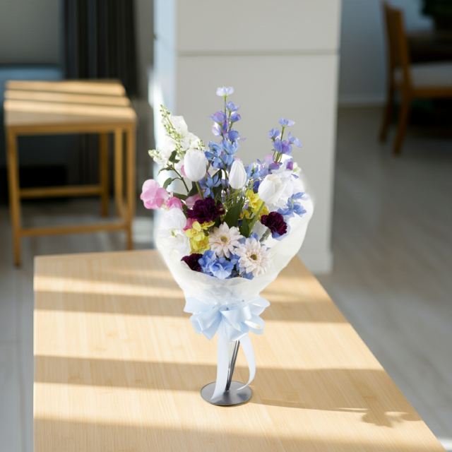 【贈答・贈呈用花束・造花花束・花束ギフト】スイートピーとチューリップのアーティフィシャルフラワーブーケ/ブルーミックス