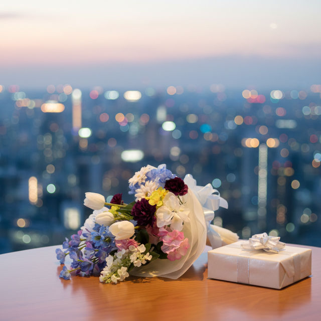 【贈答・贈呈用花束・造花花束・花束ギフト】スイートピーとチューリップのアーティフィシャルフラワーブーケ/ブルーミックス