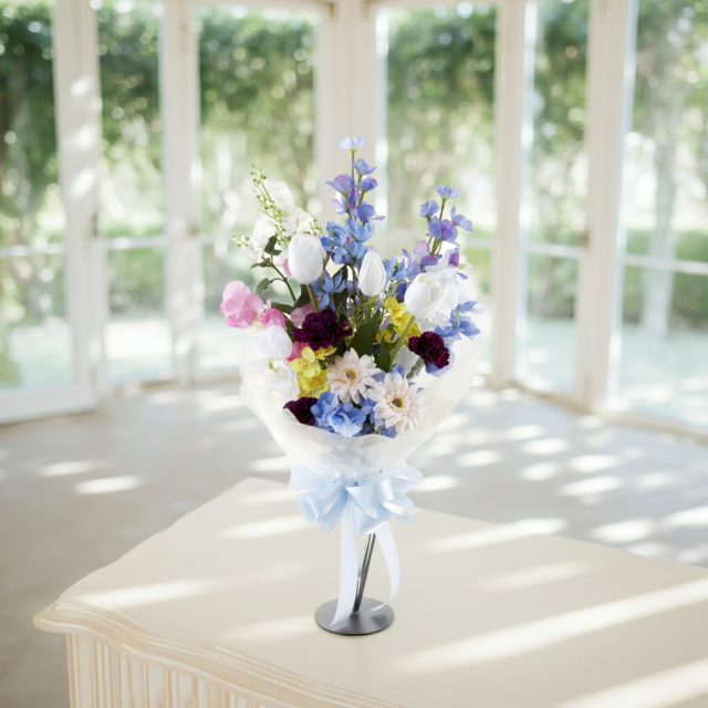 【贈答・贈呈用花束・造花花束・花束ギフト】スイートピーとチューリップのアーティフィシャルフラワーブーケ/ブルーミックス