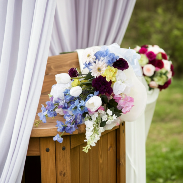 【贈答・贈呈用花束・造花花束・花束ギフト】スイートピーとチューリップのアーティフィシャルフラワーブーケ/ブルーミックス