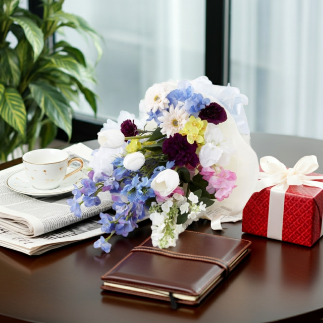 【贈答・贈呈用花束・造花花束・花束ギフト】スイートピーとチューリップのアーティフィシャルフラワーブーケ/ブルーミックス