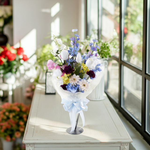 【贈答・贈呈用花束・造花花束・花束ギフト】スイートピーとチューリップのアーティフィシャルフラワーブーケ/ブルーミックス