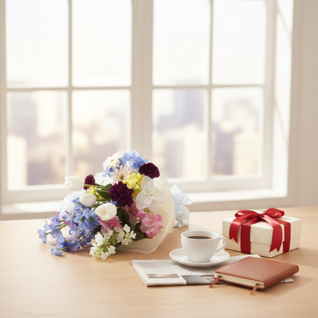 【贈答・贈呈用花束・造花花束・花束ギフト】スイートピーとチューリップのアーティフィシャルフラワーブーケ/ブルーミックス