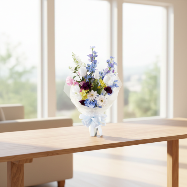 【贈答・贈呈用花束・造花花束・花束ギフト】スイートピーとチューリップのアーティフィシャルフラワーブーケ/ブルーミックス