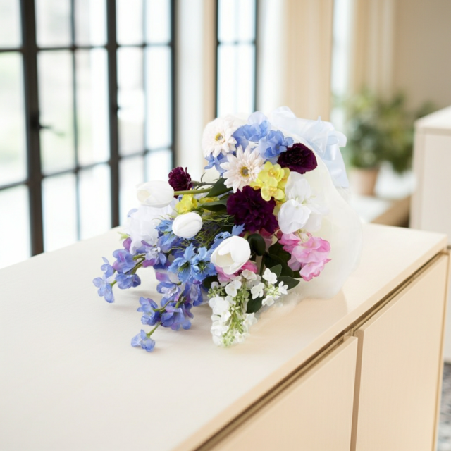 【贈答・贈呈用花束・造花花束・花束ギフト】スイートピーとチューリップのアーティフィシャルフラワーブーケ/ブルーミックス