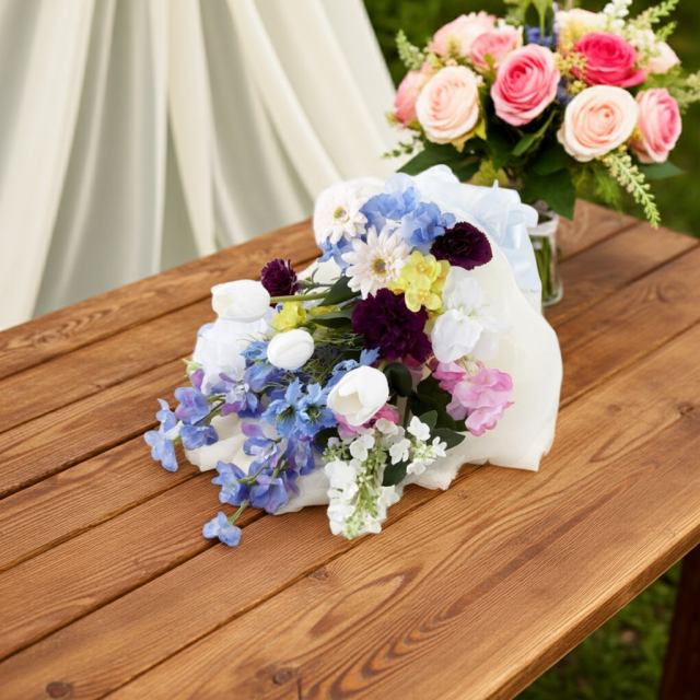 【贈答・贈呈用花束・造花花束・花束ギフト】スイートピーとチューリップのアーティフィシャルフラワーブーケ/ブルーミックス