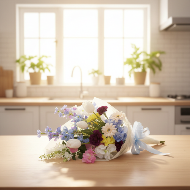 【贈答・贈呈用花束・造花花束・花束ギフト】スイートピーとチューリップのアーティフィシャルフラワーブーケ/ブルーミックス