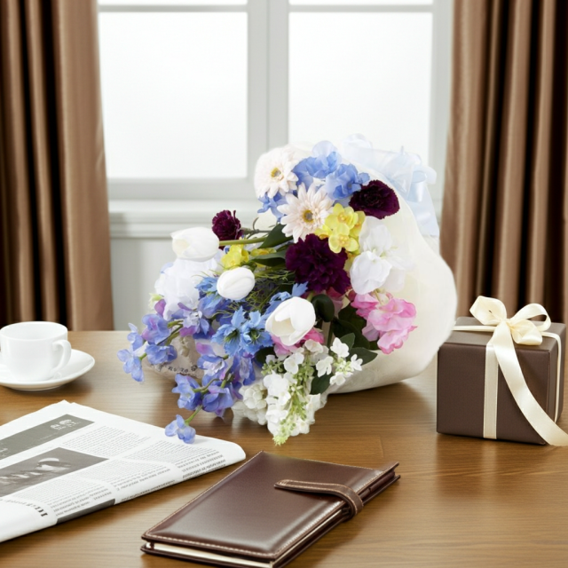 【贈答・贈呈用花束・造花花束・花束ギフト】スイートピーとチューリップのアーティフィシャルフラワーブーケ/ブルーミックス