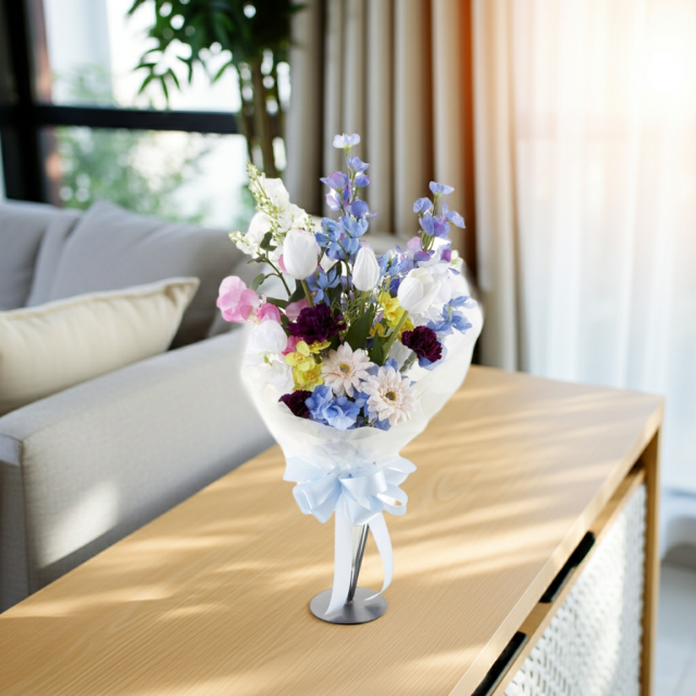 【贈答・贈呈用花束・造花花束・花束ギフト】スイートピーとチューリップのアーティフィシャルフラワーブーケ/ブルーミックス