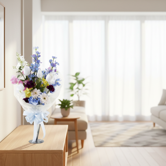【贈答・贈呈用花束・造花花束・花束ギフト】スイートピーとチューリップのアーティフィシャルフラワーブーケ/ブルーミックス