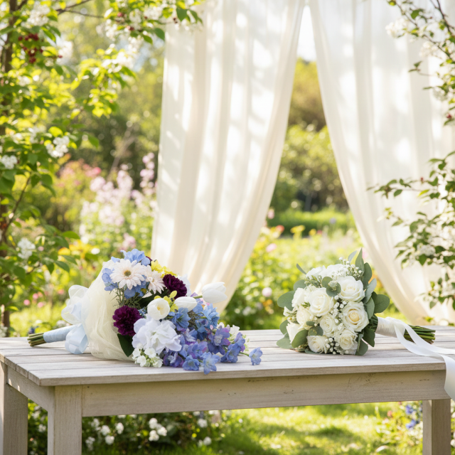 【贈答・贈呈用花束・造花花束・花束ギフト】スイートピーとチューリップのアーティフィシャルフラワーブーケ/ブルーミックス