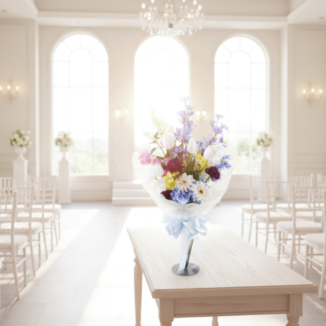 【贈答・贈呈用花束・造花花束・花束ギフト】スイートピーとチューリップのアーティフィシャルフラワーブーケ/ブルーミックス