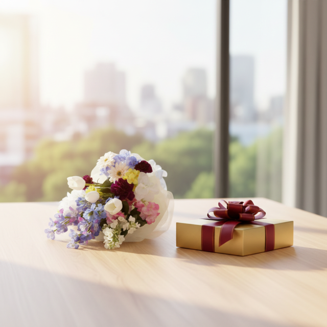 【贈答・贈呈用花束・造花花束・花束ギフト】スイートピーとチューリップのアーティフィシャルフラワーブーケ/ブルーミックス