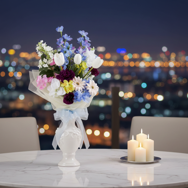 【贈答・贈呈用花束・造花花束・花束ギフト】スイートピーとチューリップのアーティフィシャルフラワーブーケ/ブルーミックス